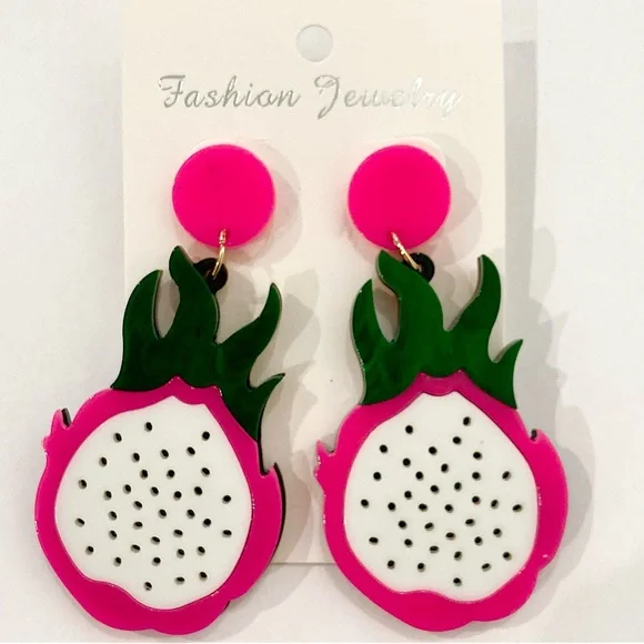 Fruit earrings hot pink Dragonfruit large acrylic dangles summer fruity jewelry - Picture 2 of 6